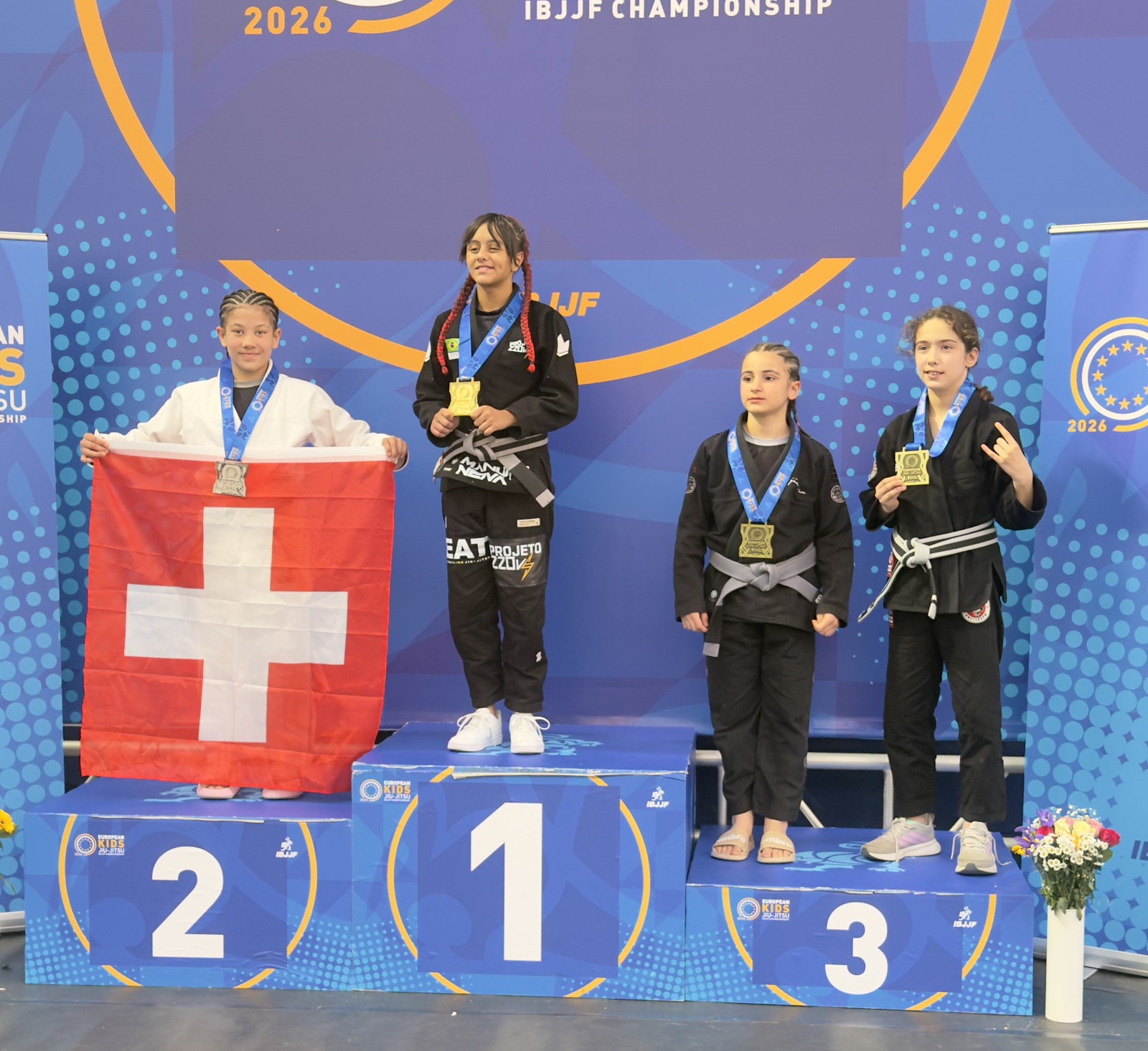 Second step of the podium at the European Kids IBJJF Championship 2026 in Dublin.